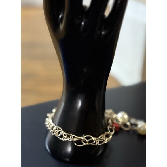 Silver 10” Bracelets With White Red Beads - Picture 1 of 4